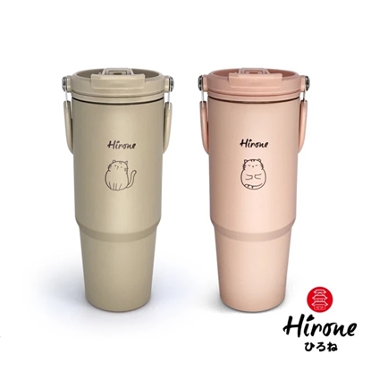 2入【日本Hirone】316不鏽鋼手提雙飲保溫杯900ml(櫻花色/奶茶色)-美