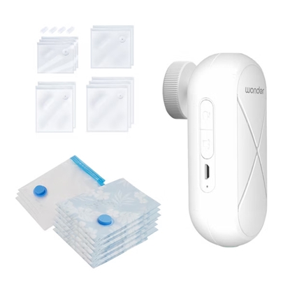 【WONDER旺德】迷你隨身真空充吸兩用機 壓縮/充氣  贈衣物收納袋9入+食品收納袋10入-美